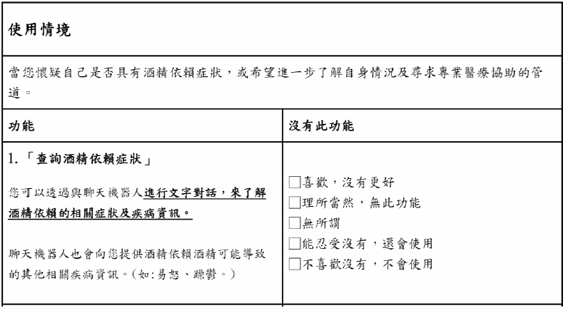 Kano 雙向問卷題目範例：使用情境與正反向題