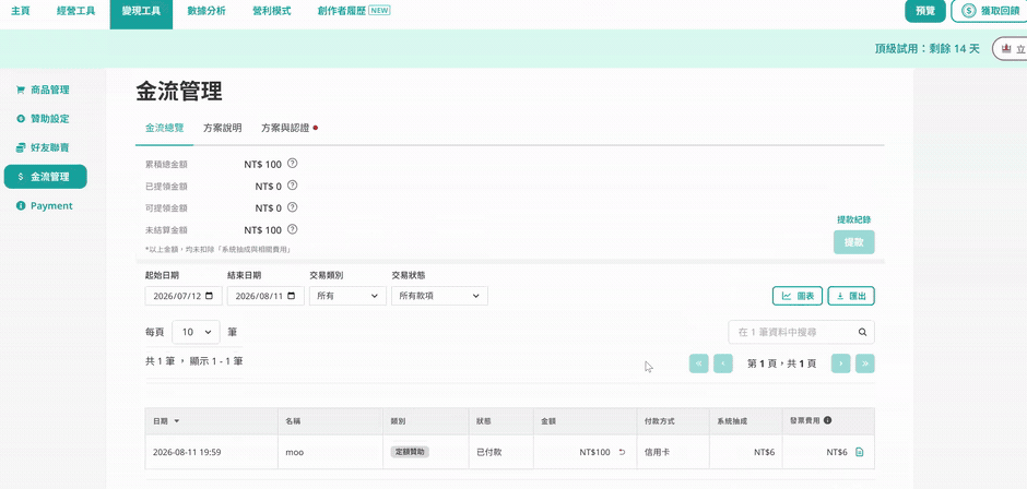 創作者執行退款的操作錄影：金流管理頁點擊退款、確認彈窗，交易與訂閱同時終止