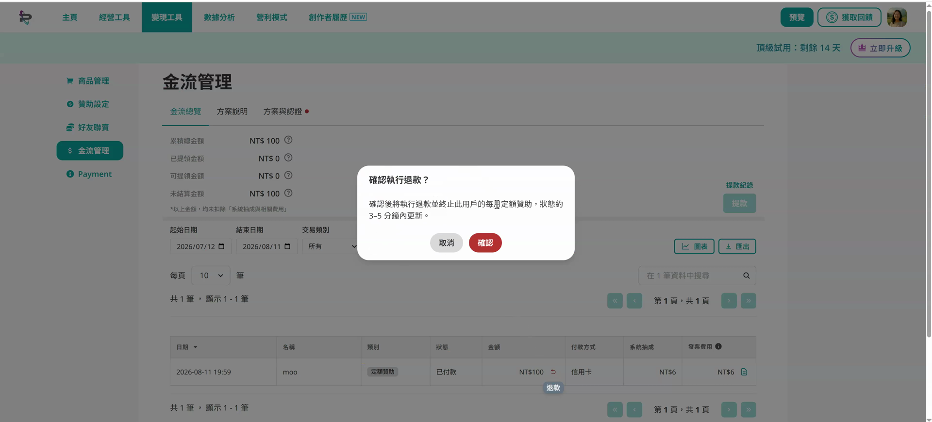 退款確認彈窗，文案說明退款後將終止此用戶的每月定額贊助，狀態約 3 至 5 分鐘內更新
