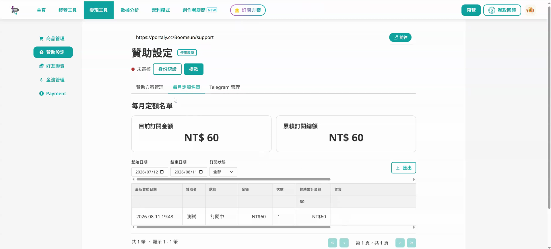 後台每月定額名單，上方為目前訂閱金額與累積訂閱總額，下方為逐筆訂閱狀態表格